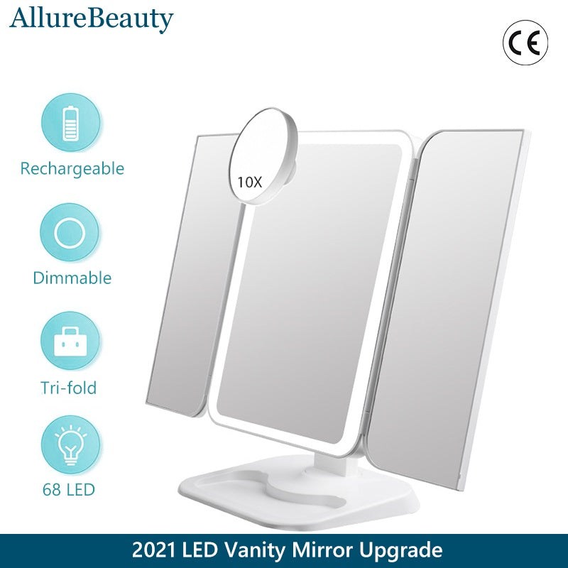 Trifold Makeup Mirror With Light 68 LED Vanity Mirrors 10X Magnifying